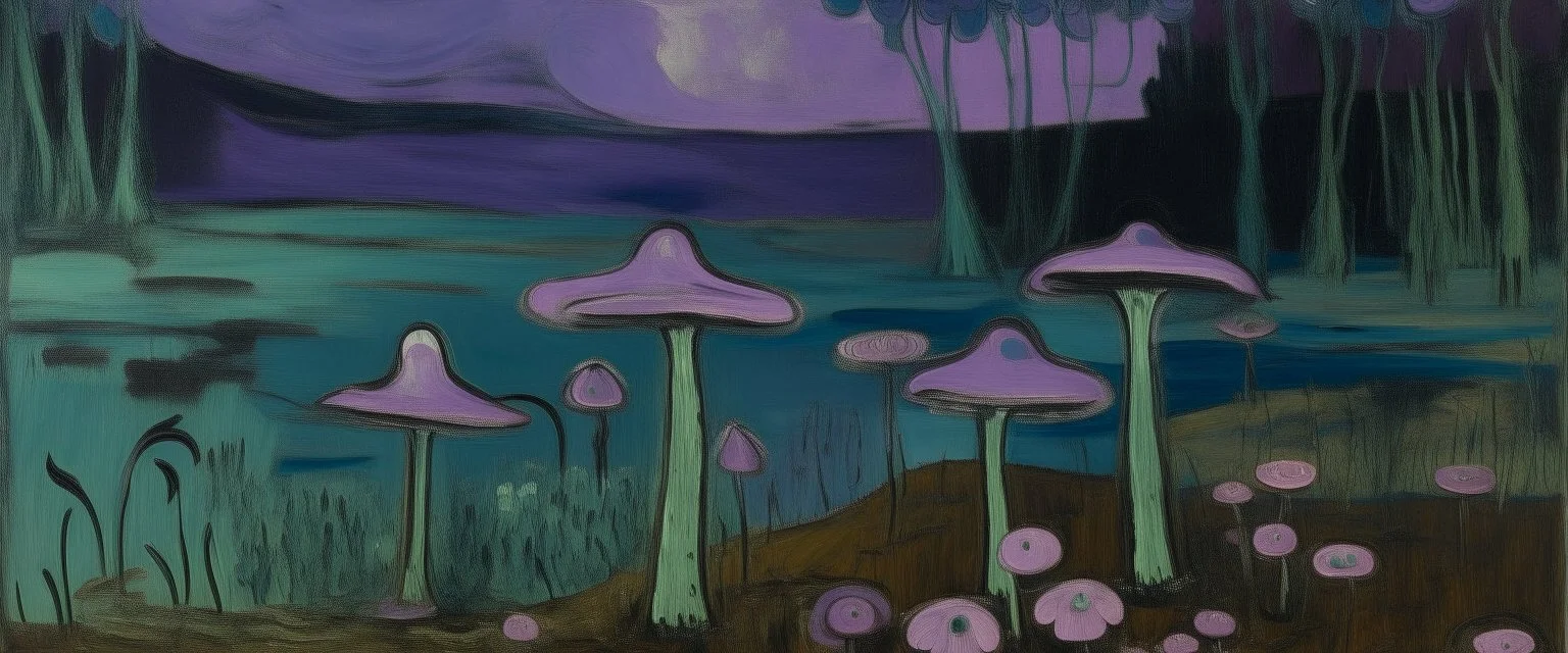 Violet marshlands with toxic glowing mushrooms painted by Pablo Picasso