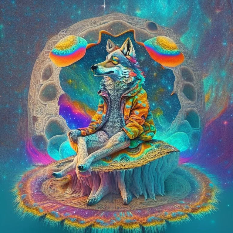 celestial psychedelic wolf made of fractals wearing a mexican jacket sitting on a giant mushroom in between stars, extatic, happy