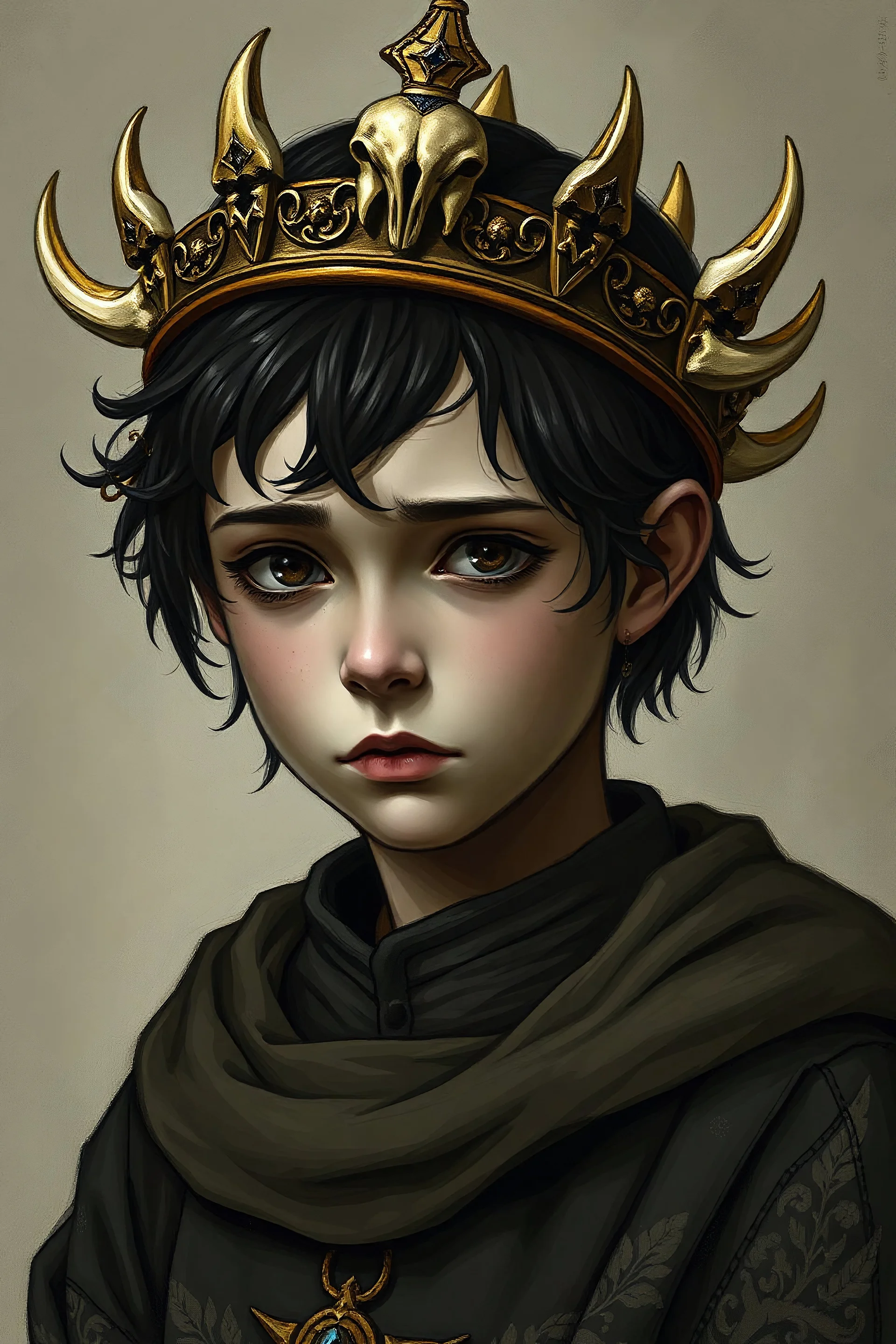 a sad medieval blackhaired boy in a crown with sculls