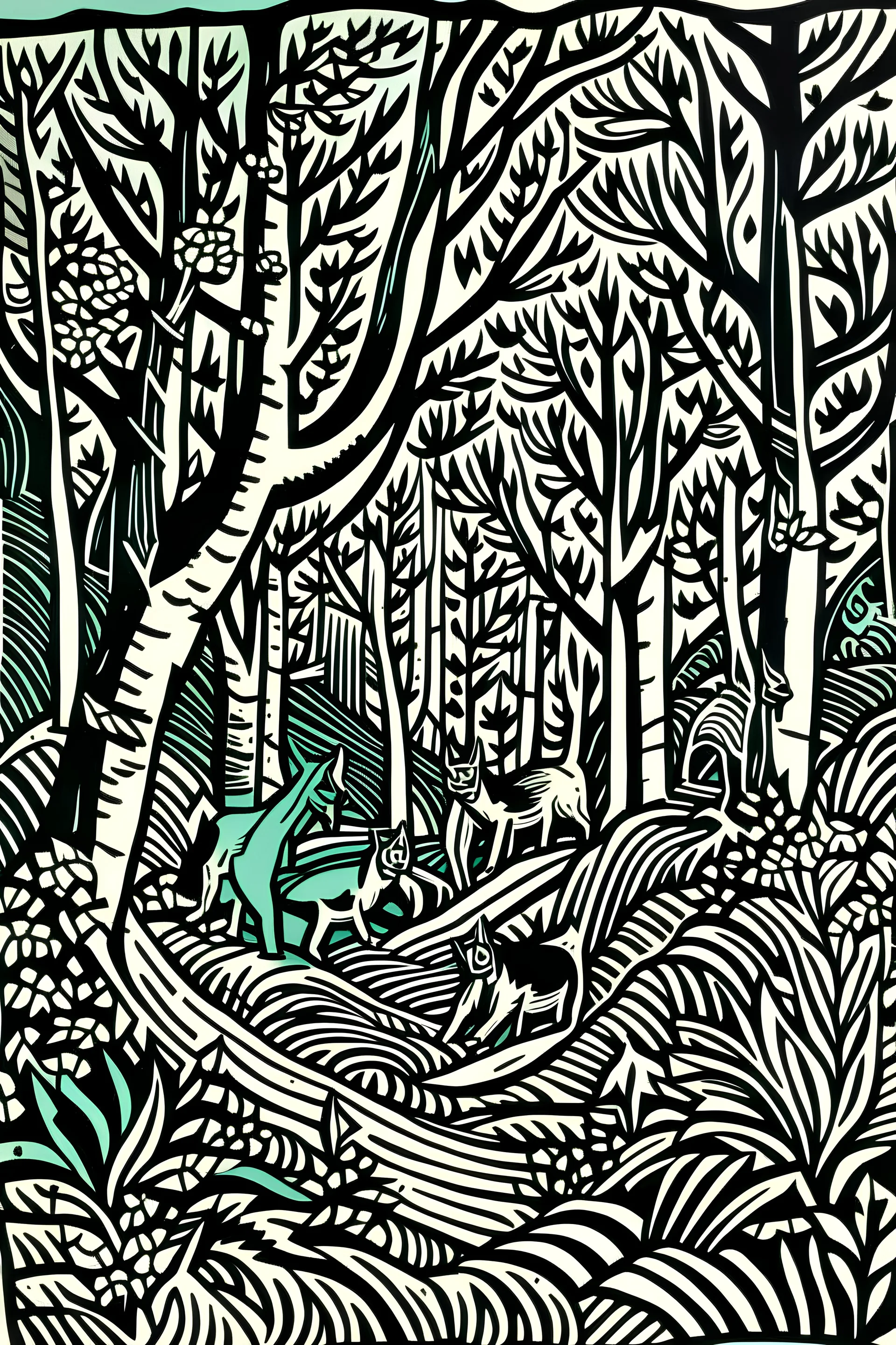 Linocut winding party through woodland