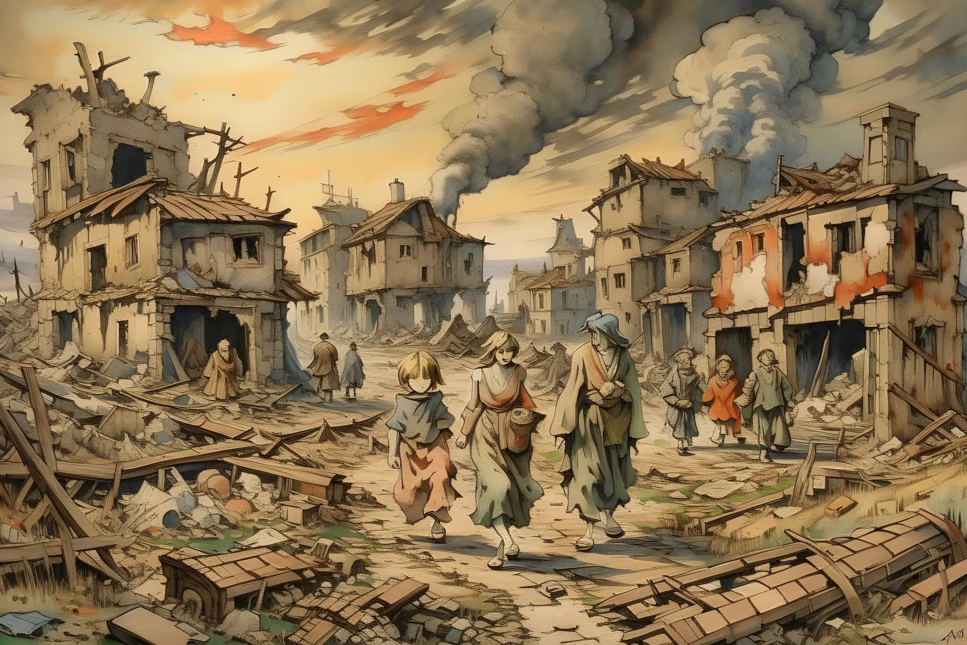 A painting of families returning to their town after a war destroyed almost everything. The houses are bombed and in ruins and the people are very depressed.