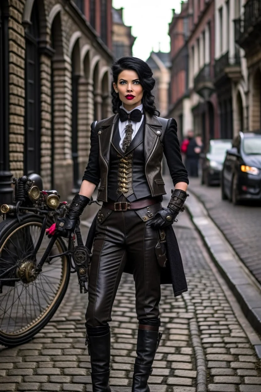 full-height portrait of a woman with straight shoulder-length black hair, with metal arms and legs, dressed in leather trousers, and a waistcoat, in a Victorian street next to a steampunk bike