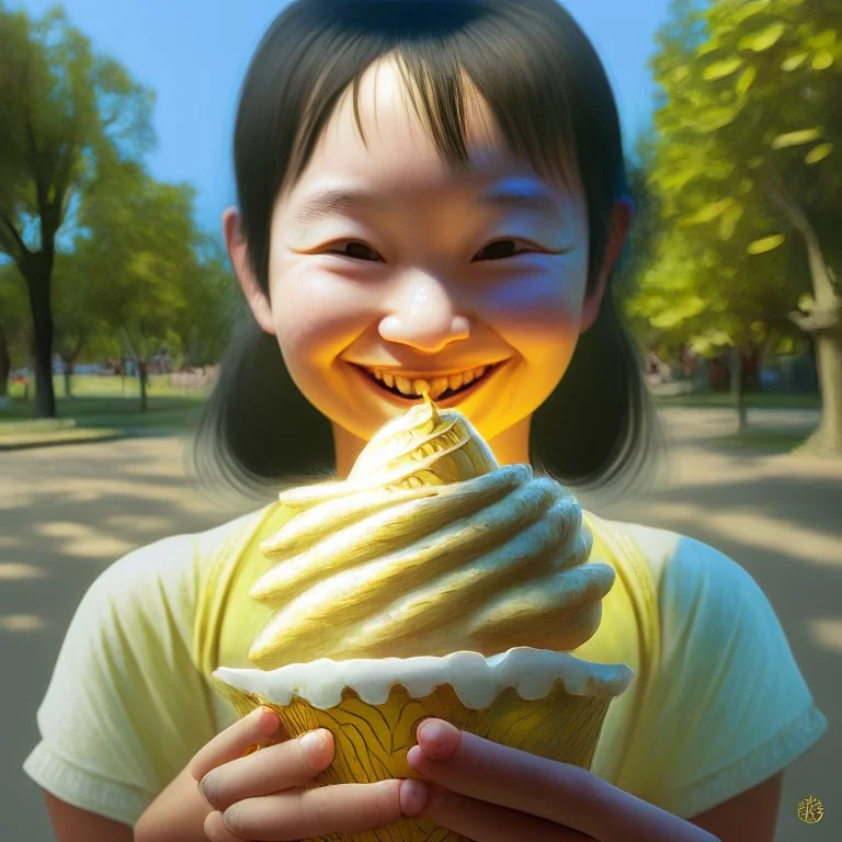 bust of chinese girl hobbit, smiling, happy, symmetrical eyes, soft light, durian, bananas, insects, lamp, soft light, RTX, style Léon Frédéric