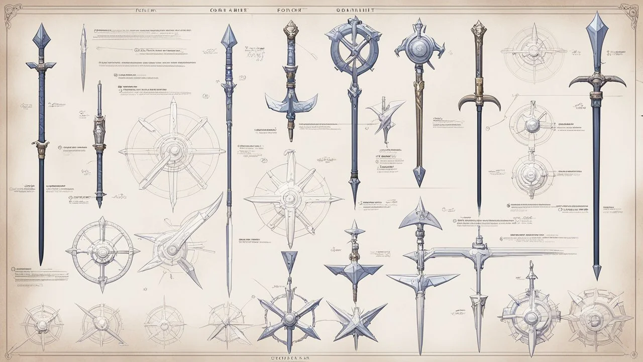 ConceptSheet blueprint [illustrations] timeline of pole arms Loadout Concept: Spear, Pike, Halberd, Glaive, Voulge, Partisan, Bardiche, Ranseur, Spetum, Lucerne hammer, Bec de corbin, Poleaxe, Naginata, Yari, Bisento, Guandao, Ji, Qiang, Trident, Boar spear, Awl pike, Corseque, Fauchard, Voulge-guisarme, Guisarme, Bill, Lochaber axe, Tabarzin, Man catcher, War scythe, Horseman’s pick, Hooked halberd, Boar sword, Harpoon, Lance, Pilum, Hasta, Contus, Sarissa, Ox-tongue spear, Pudao, Monk’s spade,