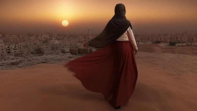 A Palestinian girls have wings wearing an palestinian dress in gaza during sunset in winter.