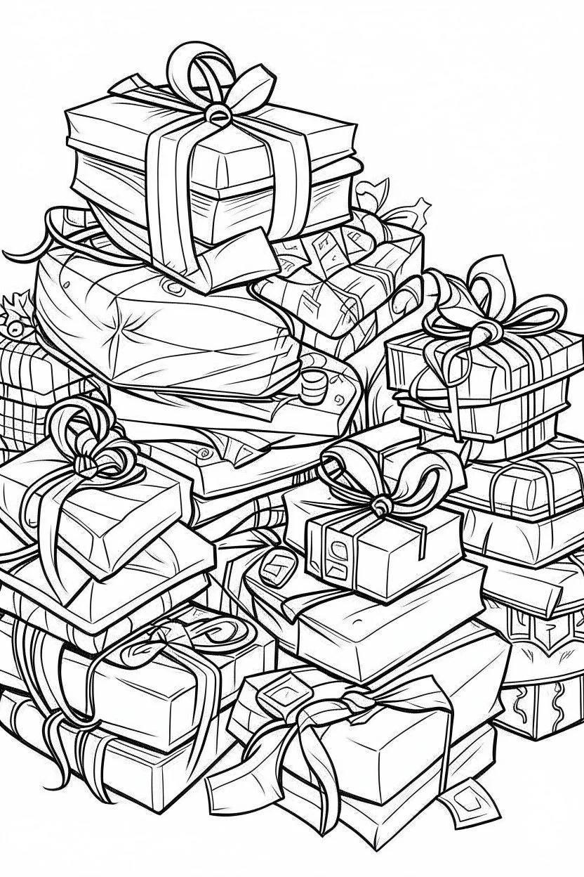 coloring page for kids, , cartoon style, thick outline, low details, no shading, no color, Pile of wrapped presents with bows.