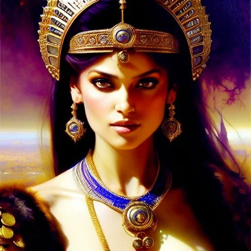 portrait beautiful face queen of Sheba ,busty,medieval metal armor balanciaga fashion clothe painting by gaston bussiere, greg rutkowski, yoji shinkawa, yoshitaka amano, tsutomu nihei, donato giancola, tim hildebrandt, oil on canvas, cinematic composition, extreme detail,fit full head inside picture