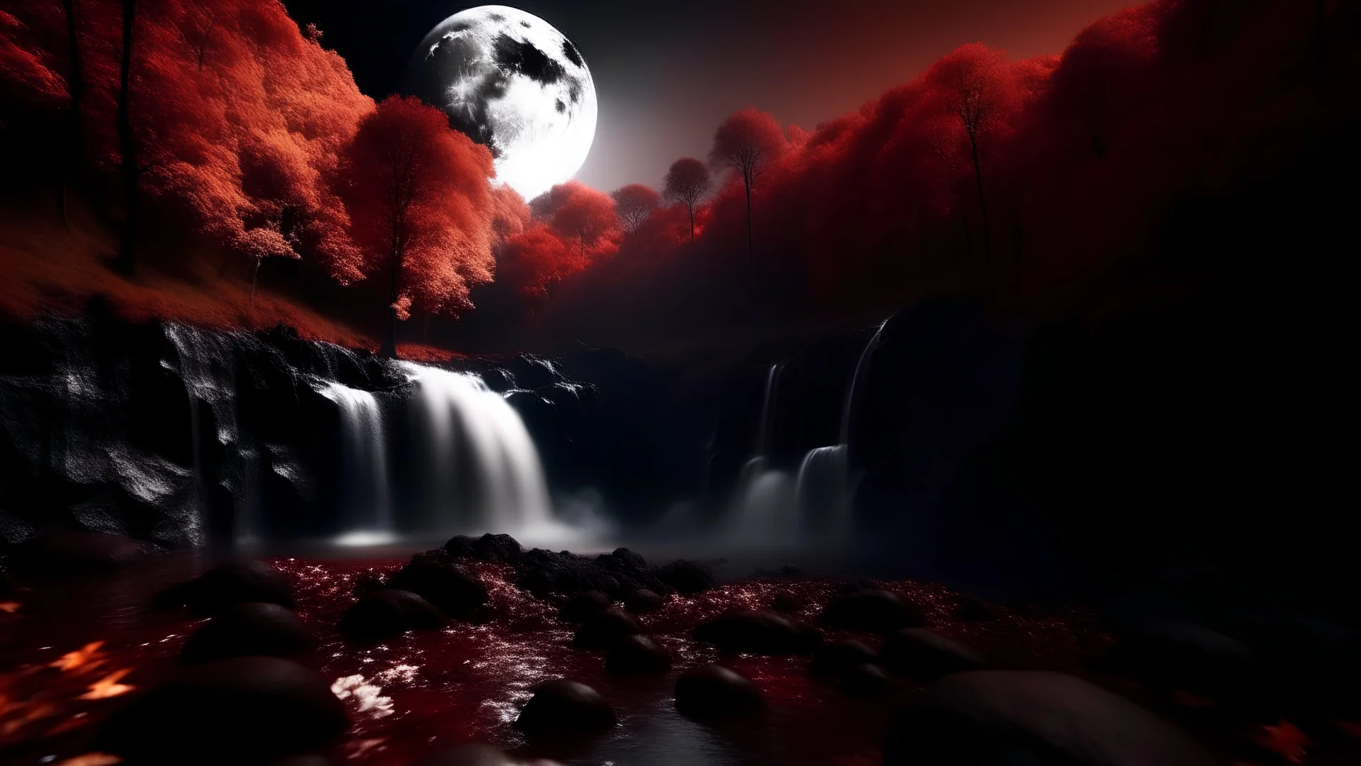 White waterfall, moon, a dark red autumn forest around