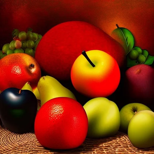 Naturaleza muerta frutas, Fernando Botero style, digital art, colores contrastes, hiperdetallado, 8k