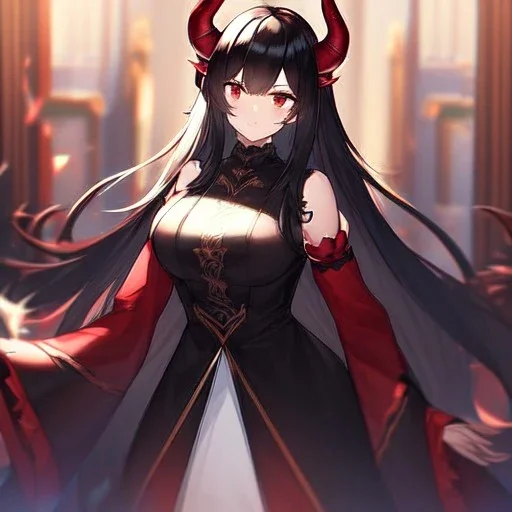 Clear focus,High resolution, Black sleeveless fluffy Shirt, Black short skirt with Red under it, Cut sleeves that are Black, Standing still, Black long hair, Red eyes, Red horns