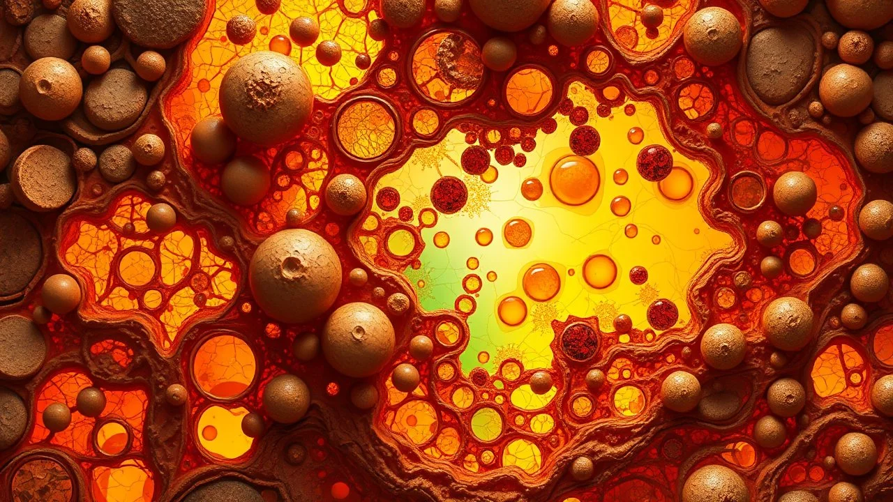 a surreal, abstract, organic form with intricate, cellular structures and fluid, translucent elements. The color palette is warm and earthy, dominated by ochres, ambers, and deep browns, contrasted with vibrant emerald greens and hints of fiery orange at the base. The overall texture suggests a microscopic view of biological tissues or a fantastical, alien landscape, with a sense of depth and glowing internal light. The composition features a complex interplay of round, bubble-like formations an
