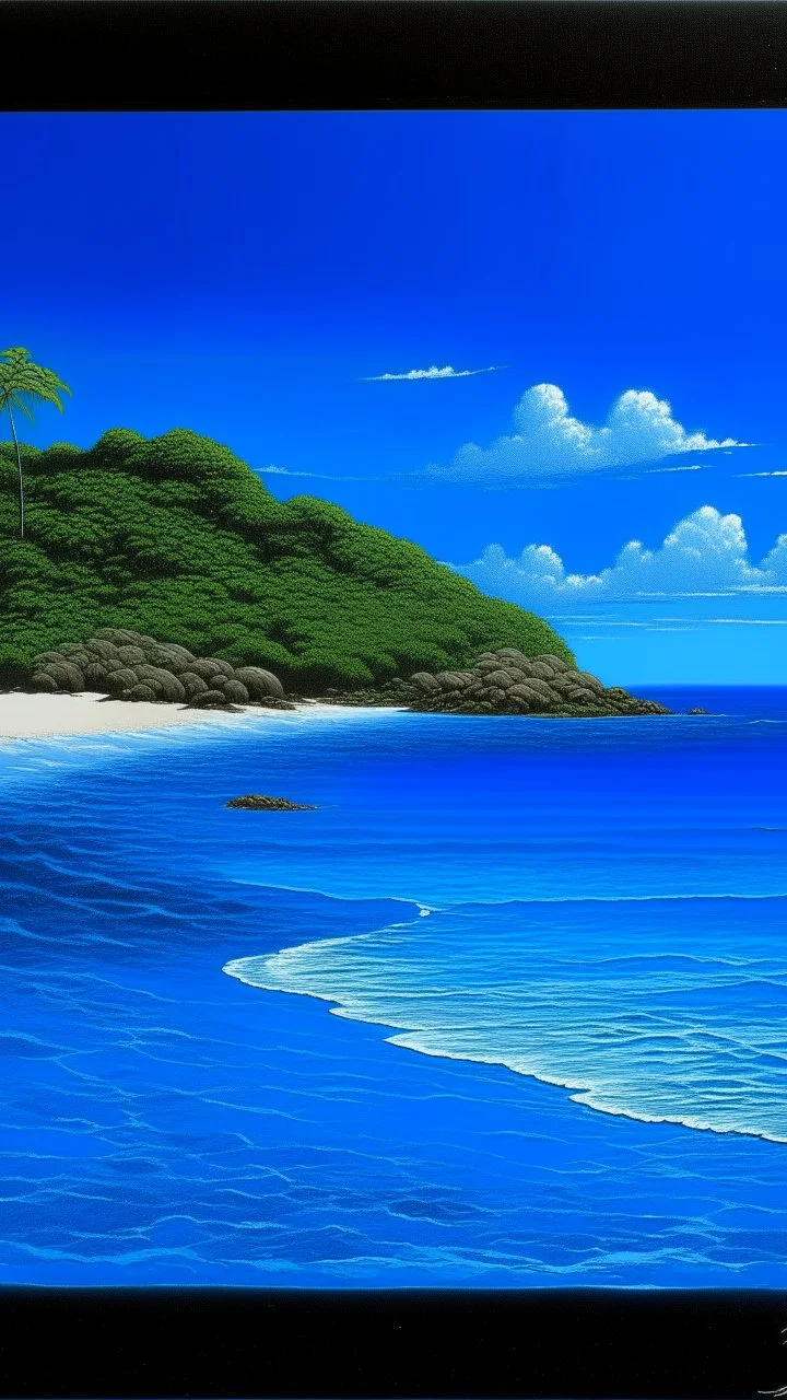 A blue beach near an island painted by Frank Wilson