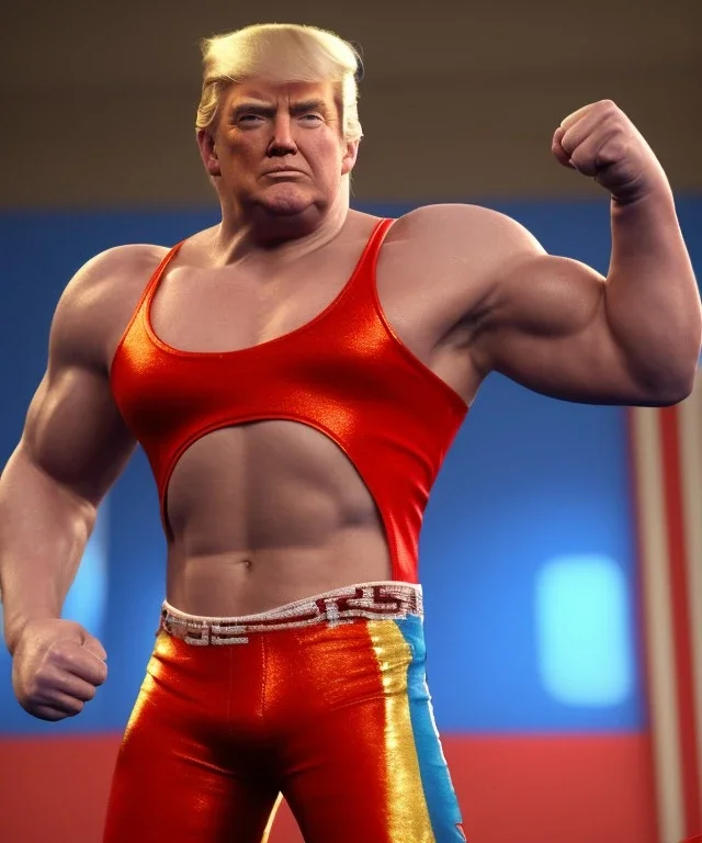 Realistic image of Donald trump wrestler, Mexican wrestling, red and blue breeches, suspenders, retro style, 80s, red, gold, vibrant color, highly detailed, clean background, concept art, unreal engine 5, god rays, ray tracing, RTX, lumen lighting, ultra detail, volumetric lighting, 3d, finely drawn, high definition, high resolution.