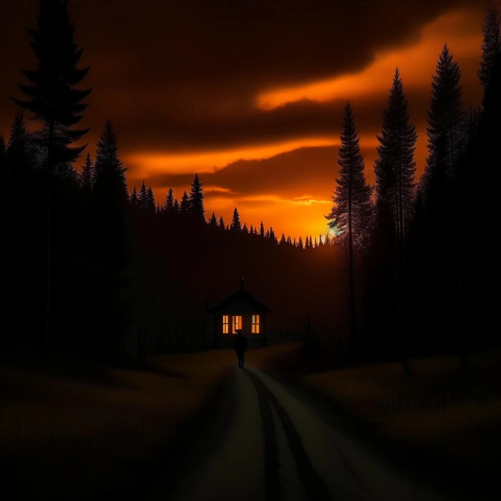 dark night, orange sunset colors in the sky, a lonely cottage with the lights off in the distance on a mountain in the woods, a lonely dark figure walking down the road