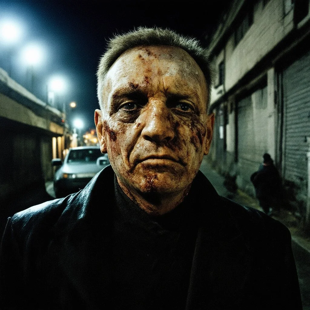 very grainy discolored photo, portrait, dark night street, grunge, 2000s Russia, punk, outcast, rough, confident, older male, extremely pale skin, flesh growths cover his face, face is disproportionally deformed, hunchback, sewer dweller