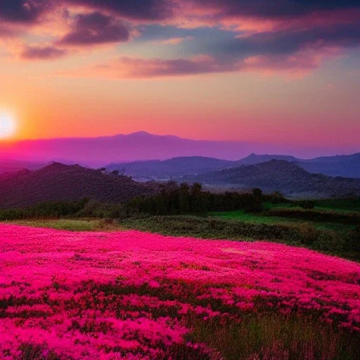 paysage collines roses, coucher de soleil, fleurs