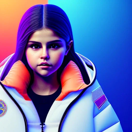 3d render, Selena Gomez toddler, full body, orange puffer jacket, dramatic lighting, volumetric lighting, concert background, hyper realistic, unreal engine 5, 8k, UHD,