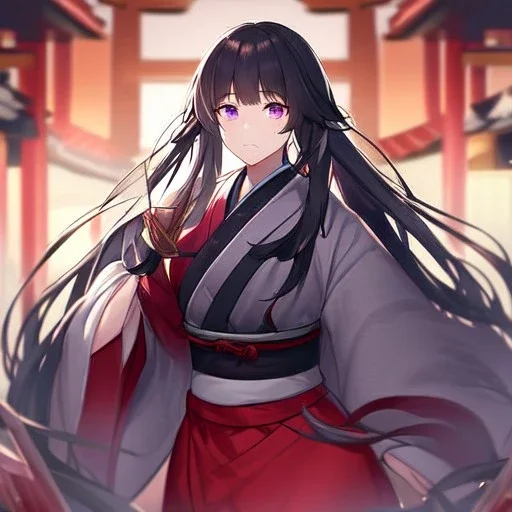 Clear focus, High resolution, long black fluffy hair, long locks, chopped bangs, purple eyes, wearing a samurai outfit that is red and white, wearing a red skirt, (solo), thick line art