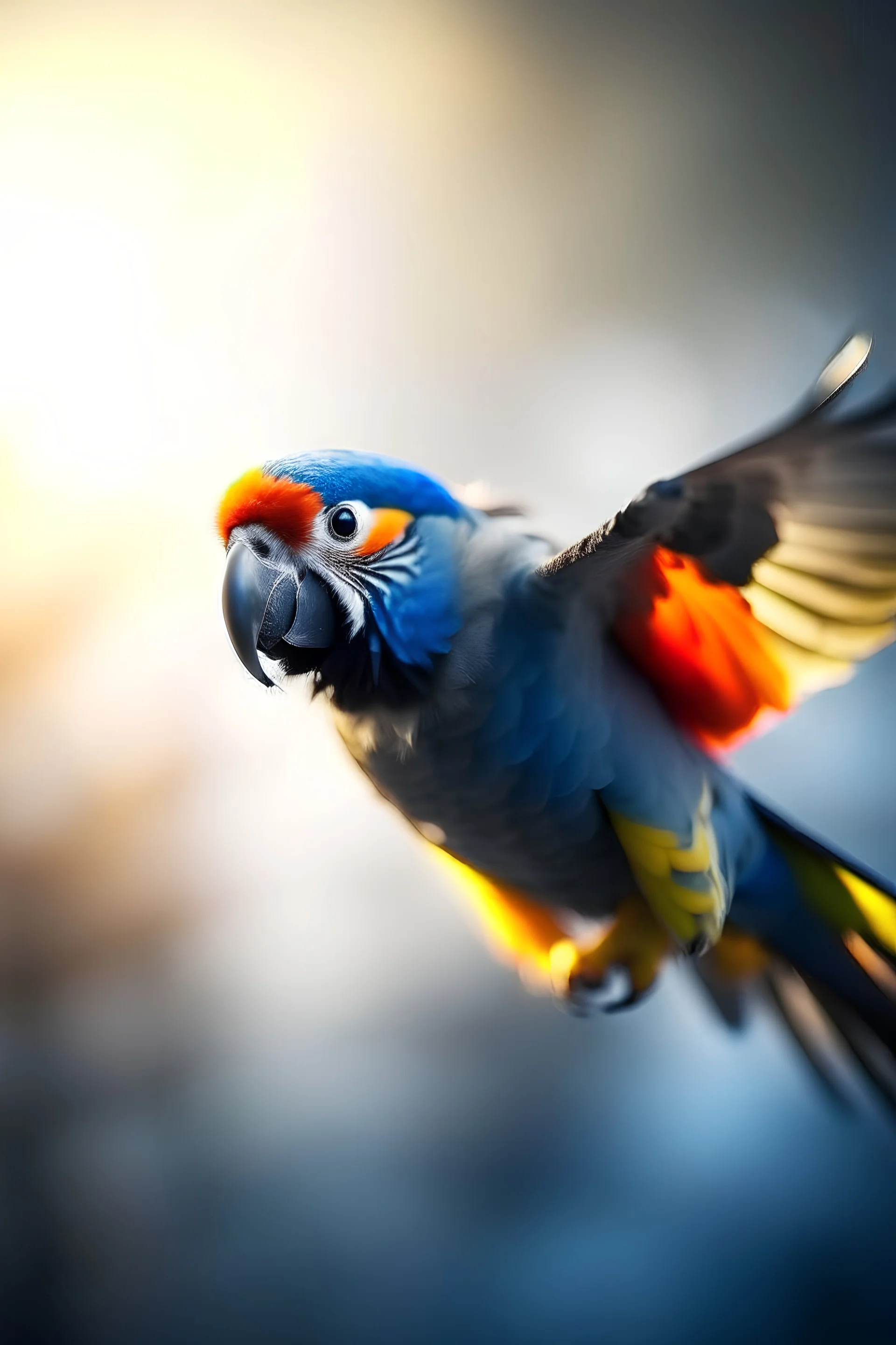 Retrato de un loro volando, por la mañana, con frío, estilo vangof