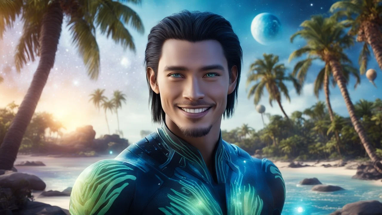 beautiful gorgeous young man na'vi with long hair, Avatar, blue skin, two small ears, green eyes, black hair, in cosmic suit, galactic ambiance, medium pointy goatee , smiling, with spaceship and planets and palm trees and clear crystaline cosmic beach in background