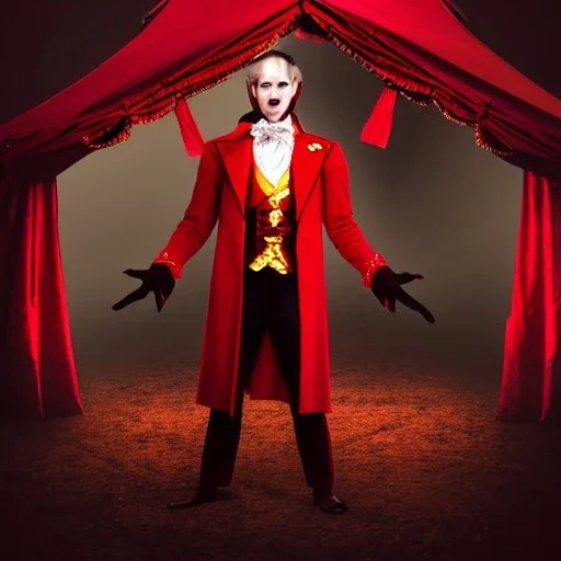 evil circus ringmaster standing alone inside dark circus tent, garish red coat, dark circus, 1800s, chiaroscuro lighting , 8k UHD, matte painting, illustration, renaissance, artwork, high-quality, creepy, rocco, greg rutowski, howard lyon, alphonse mucha