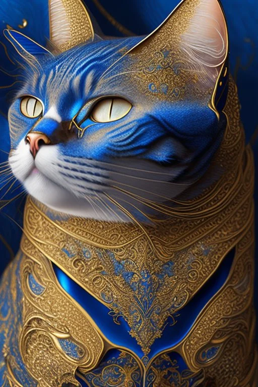 cat, blue and gold tones, insanely detailed and intricate, hypermaximalist, elegant, ornate, hyper realistic, super detailed, by Pyke Koch