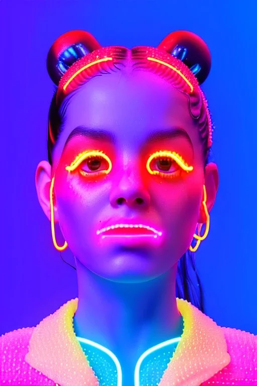 Rosalía artist, Realistic image, natural waist up portrait. Eyes, glow, circle iris, eye liner. Hair, pigtails. make up, glow. lips, gold. big rings piercing, led ornament, pearls. Coat, smile pin, inflatable latex, cold, led lights, minimal, neon, pink, blue, gold, vibrant color, highly detailed, art stations, concept art, smooth, unreal engine 5, god lights, ray tracing, RTX, lumen lighting, ultra detail, volumetric lighting, 3d, finely drawn, high definition, 4k.