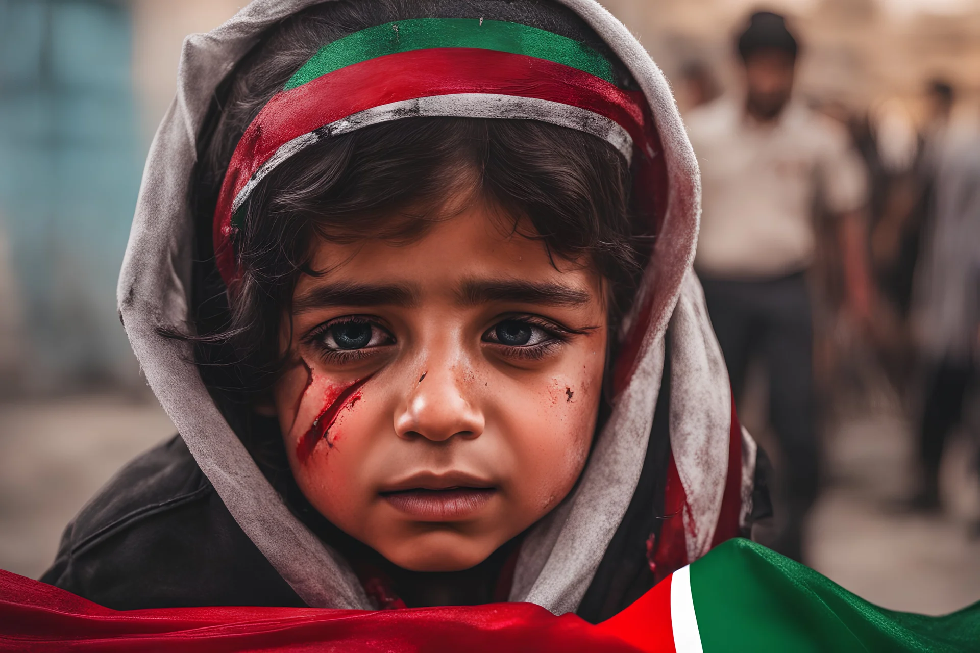 A crying Palestinian child in a broken hospital, Palestine flag, neon effect , close picture, highly detailed, high details, detailed portrait, masterpiece,ultra detailed, ultra quality