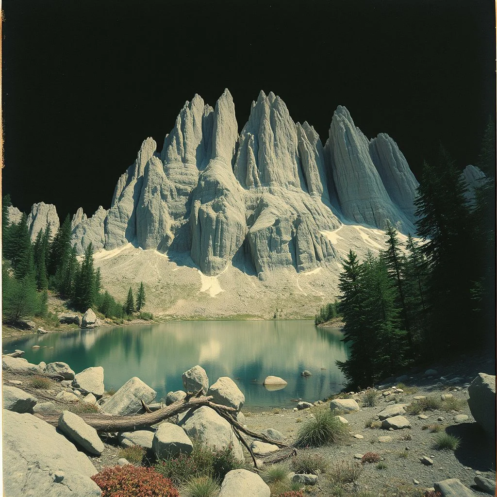 Sublime foto close-up polaroid ad alta definizione di una montagna rocciosa, surreale, colors, cityscape scifi, collage art, dadaism, sublime, splimapys nero, cielo nero, macabre piante circondano il lago, hypermaximalist, Max Ernst style, strangeness, intricate, hypnotic, obsessive, Yves Tanguy, 8k, deep 3d field, very accentuated details of the rocks and sht frn, eerie, artistic photo, shot on Hasselblad, large format film, medium format film