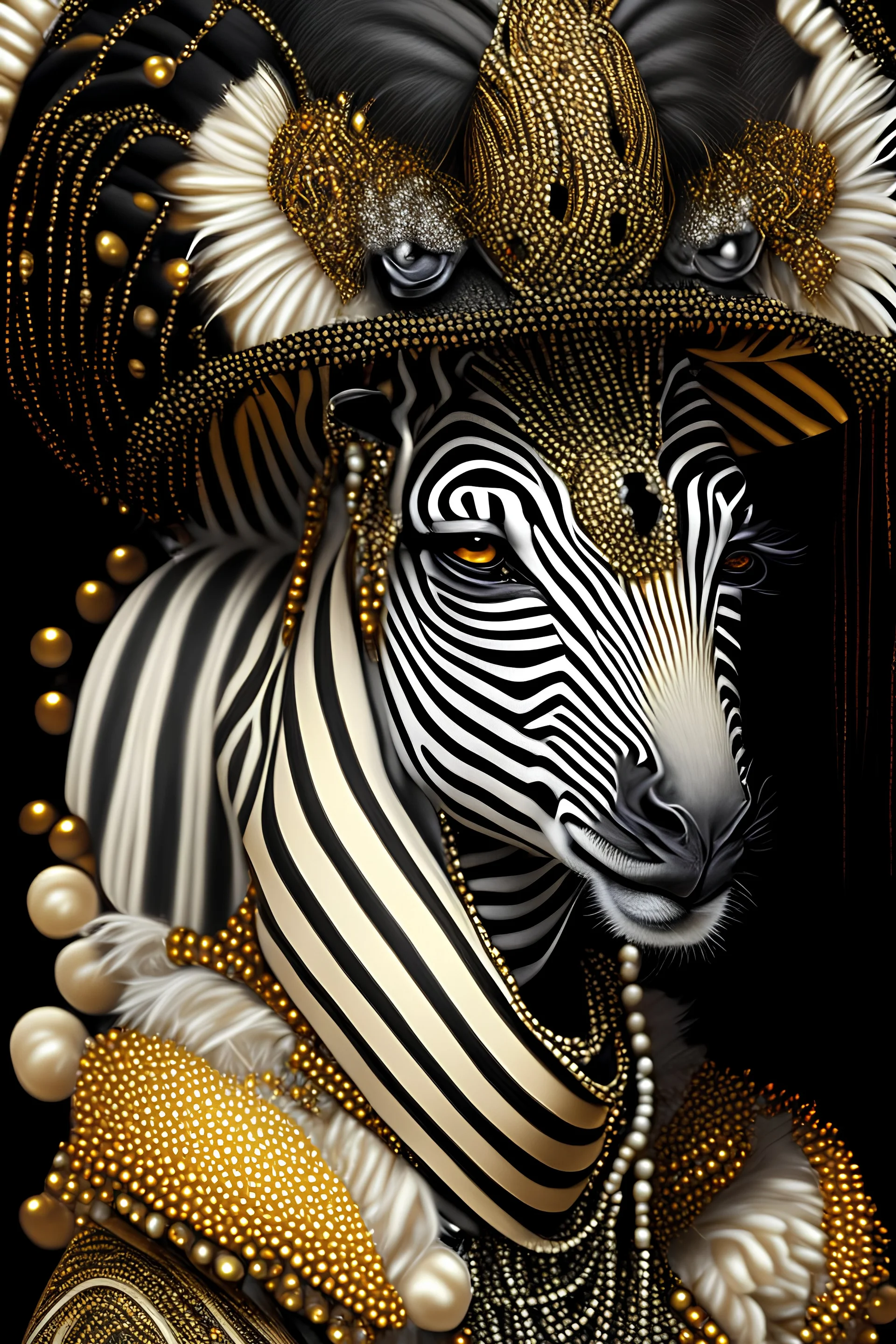 Beautiful Zebra witch black and white, brown, orange and gold front wiev textured detailes skin,and fur portrait, wearing rococo style witch hat adorned with white Golden beads, gold dust pearls organic bio spinal ribbed detail of rococo floral, white african background extremely detailed, athmoshpheric, hyperrealistic maximálist concept art