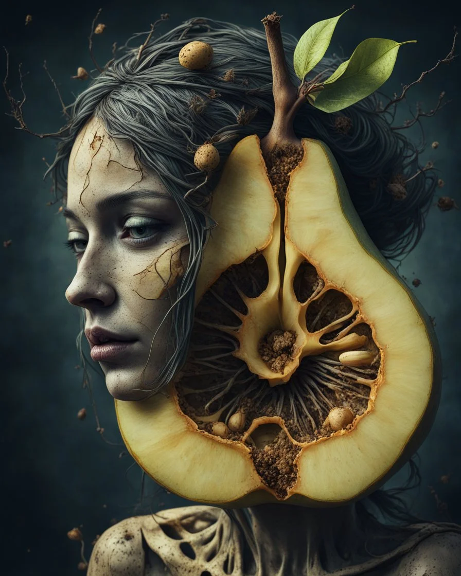 Grunge, woman as a decaying dried out Pear intricately showing its internal structure and seeds, cyberpunk, ultra unique natural textures, slight imperfections, vray.