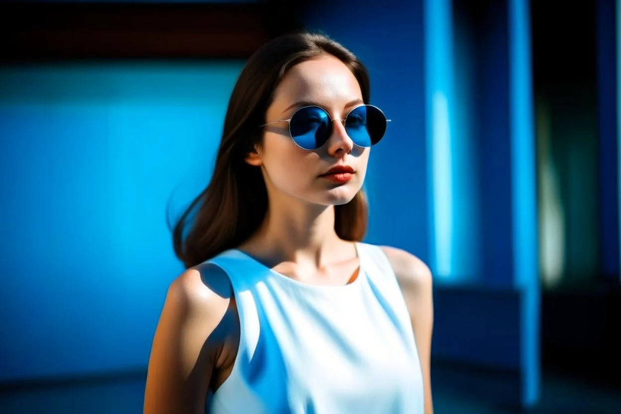 On a pop blue photographic background, a woman in a white dress, brunette, round sunglasses, 16K, real photography, advertising photography, shot with a Leica camera, 35mm lens, powerful lighting