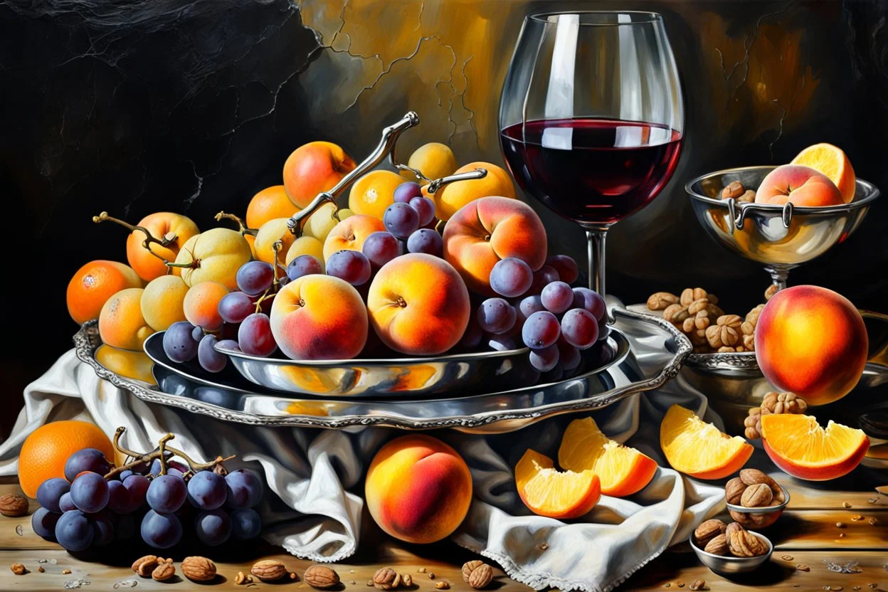 Create a masterpiece an oil painting on cracked canvas: of a Gleaming melting chrome serving tray with spent wine, partially decayed grapes, peaches, oranges, lemon's, walnuts, discarded dry stale bread and mouldy cheese, cloth draped over an old wooden ultra textured table, ultra-realistic portrayal, 8k resolution, rich cool tones, intricate textures, reflections, flawlessly polished exteriors, rule of thirds futuristic concept art of a still life Masterpiece. Modifiers: trending on Artstation