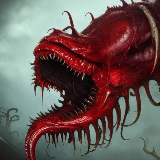 red, monster, tentacles, teeth, horror, detailed, realistic, gore, eyes, 8K, fantasy, scary, demonic, hyperrealism, huge, blood, creature, highly detailed, volumetric lighting, sharp focus, elegant, photorealism