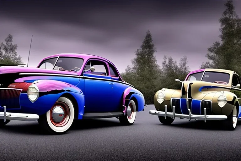 a true-to-life 1940 ford coupe, two-tone paintwork, classic hotrod wheels, pen and color marker, centered, intricate, extreme detailed, photorealism, center view, 1940s suburbs background, pivot on ford, painting by cheryl kelley