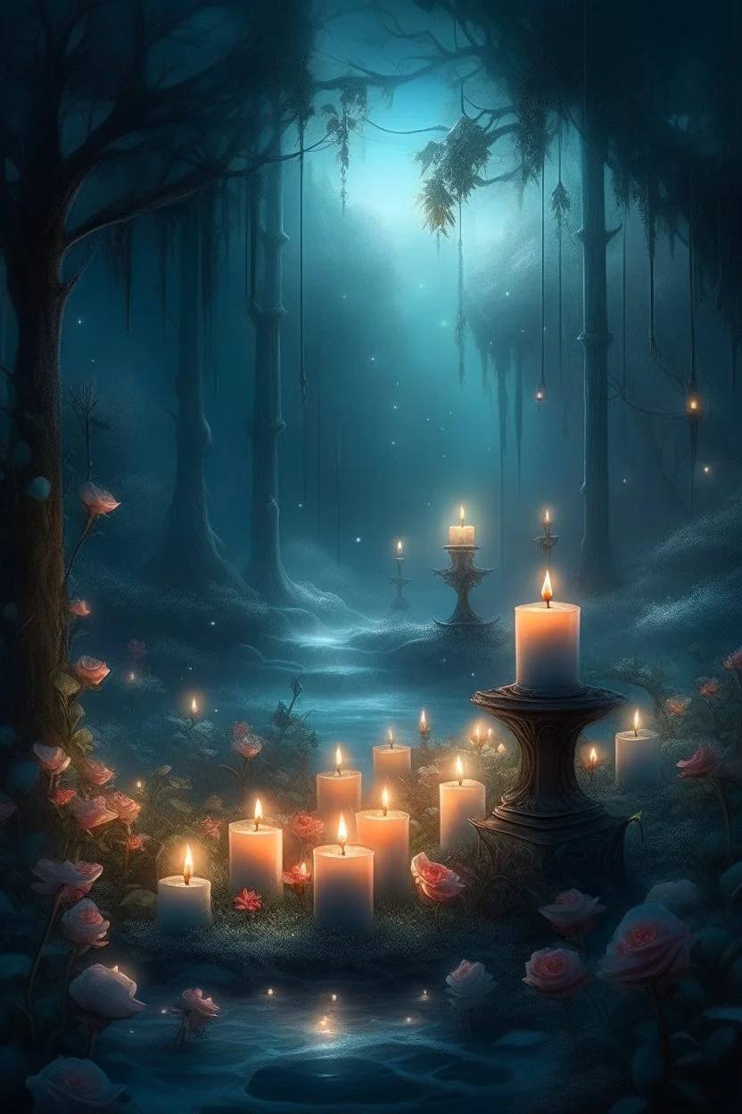 CANDLES ARE BURNING IN A WONDERFUL CLEARING IN A MAGICAL FOREST, THE NIGHT IS FULL MOON, SNOW, MAGIC Watercolor, double Chinese rose bush, ultra-detailed, morning, rain, greenery, beautiful landscape, fog, many details, delicate sensuality, realistic, high quality, 3d, work of art, hyperdetalization, filigree, foggy haze background, hyperrealism, professional, transparent, delicate pastel tones, back lighting, contrast, fantastic, unreal, translucent, glowing, clear lines, epic fabulous, fab