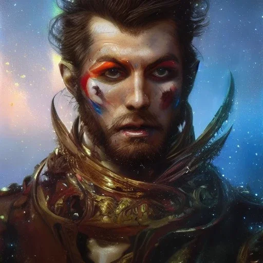 head and shoulders portrait, arthur kulkov, Russian, anime, circus, male, ringleader, muscular, man, strong, detailed matte painting, deep color, fantastical, intricate detail, 8k resolution concept art portrait by Greg Rutkowski, yoji shinkawa dreamscape, fenghua zhong, mystical colors, Golden hour, colorful galaxy foreground, lisa frank fantasy, beeple, neon pastel color palette, beautiful colorful interesting detailed storybook fantasy