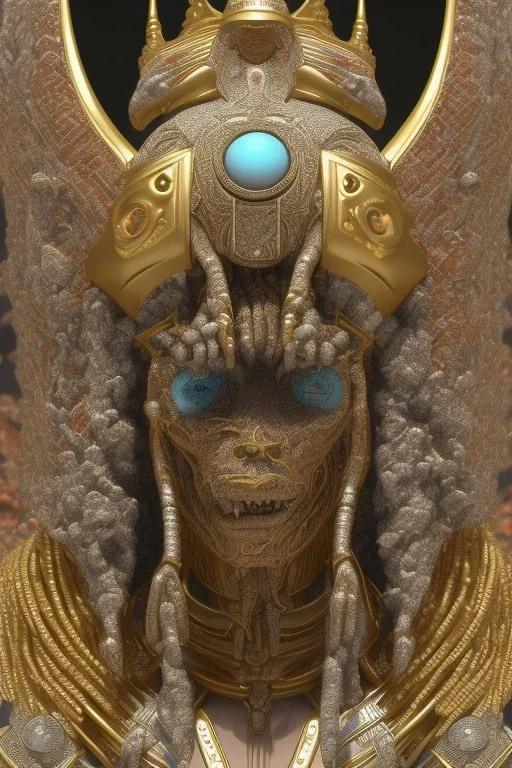 Aztec male African Egyptian alien, cracks in the voodoo head, wicked, eyes, crown, Elephant, 8k, finely detailed, photo realistic, tiger turquoise skull head gold dragon space alien snow skeleton gold hornytoad silver crown silver eyes