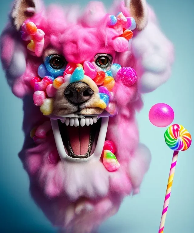 Muscular cotton candy werewolf made of candies and lollipops, sharp teeth, monstrous face, staring at you, drooling