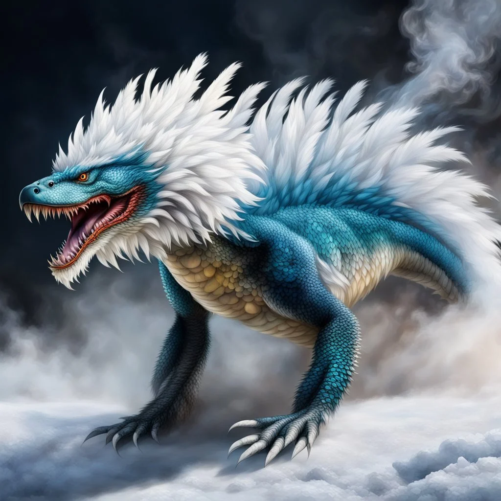 a sturdy colorful arctic drake curly white fur, smokey breath and fire, claws, spikes along back, a long tail, moving forward towards viewer, wrapped in smoke