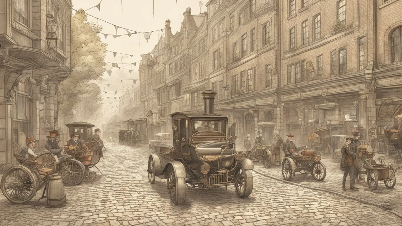 industrial steampunk street with cobbled pavement, steam cars, people, trees