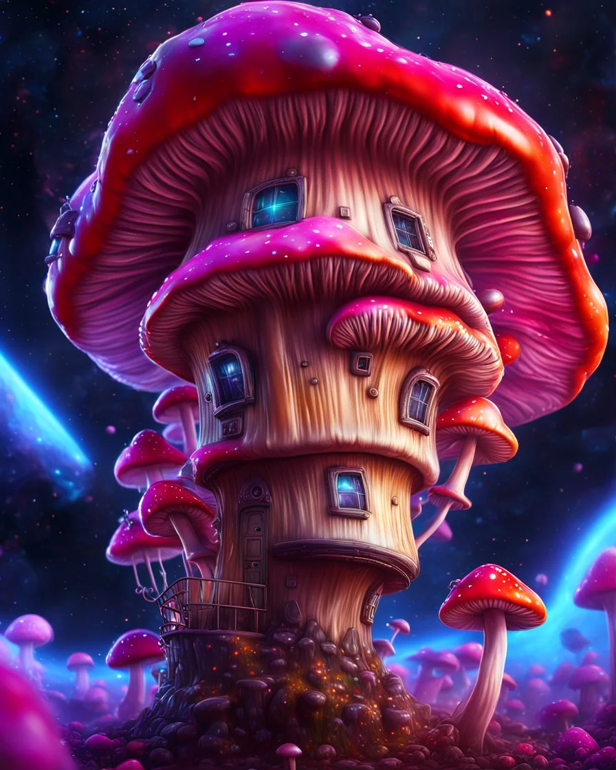 singular weird floating mushroom house in space. intense cosmic space, intergalactic. Detailed gloss Painting, bright random color, fantastical, intricate detail, splash screen, hyperdetailed, insane depth, concept art, 8k resolution, trending on Artstation, Unreal Engine 5, color depth, backlit, splash art, dramatic, High Quality Whimsical Fun Imaginative unusual, good composition