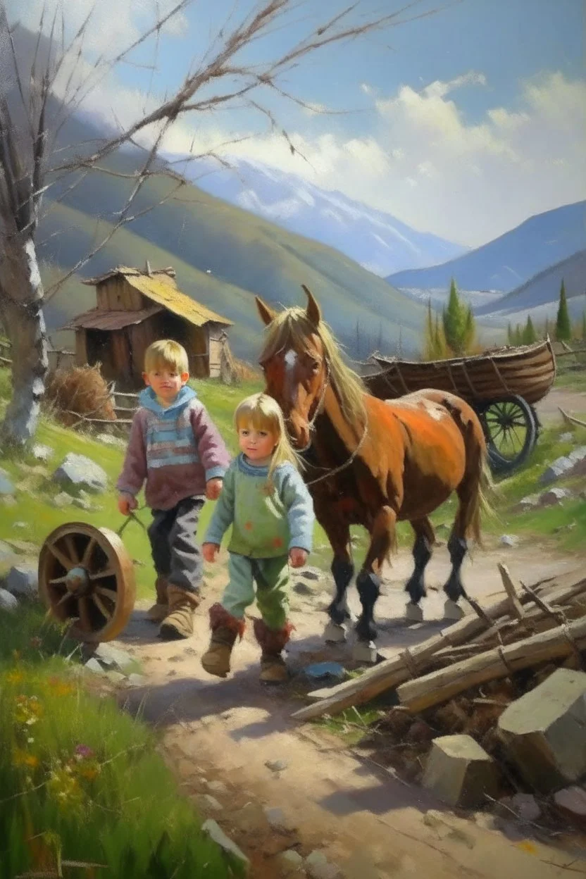 Spring in skåbu, sun, portrait of cute children walking in mountains, horse, broken old tractor, prize winning oil painting