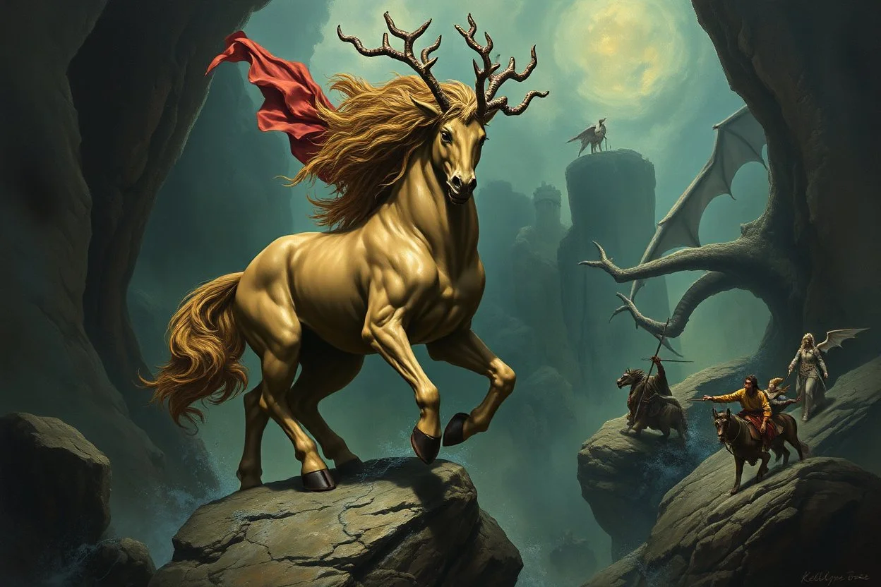 Centaur, expansive, fantastical dungeons and dragons atmosphere, matte oil Renaissance painting, by Bosch and Botticelli and Kelley Jones