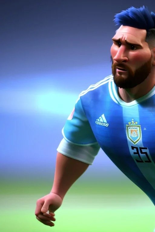 Realistic Messi Argentina soccer player Portrait, mid shot low view, concept art, artstation, 3d, photo studio, blue clean background, unreal engine 5, ray tracing, RTX, lumen lighting, ultra detail, volumetric lighting.