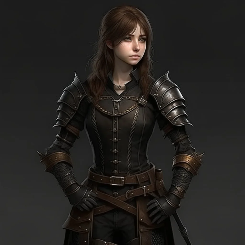 pretty girl, age 25, brown hair, black, european, armour, full-body