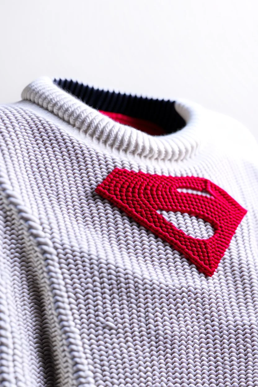 Superman's Balenciaga sweater Winter elegant inspired by Superman's emblem design white tones with dual color on a white background, product catalog photography, soft spot lighting, depth of field, 4k –ar 3:5 –q 2