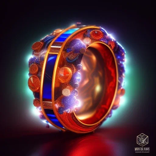 Ring made by wood roots and shreds of glass, orange diamonds sparkles, red rubi fragments around, blue lights reflexes, complex structure, gold details, intricate ring pattern,Unreal Engine 5, macro lens,sharp focus, photorealistic, hyper detailed, studio lighting, neon light ambient, cinematic