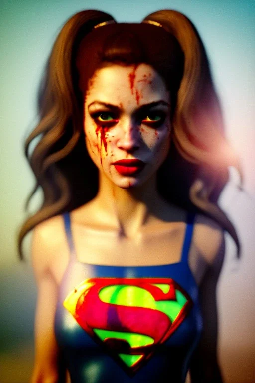 portrait, sweet Shakira, make-up, angry, Realistic image, retro pop, 60s, supergirl, lycra, tights, minimal, blood, sweat, Color background, photo studio, concept art, smooth, unreal engine 5, god lights, ray tracing, RTX, lumen lighting, ultra detail, volumetric lighting, 3d, finely drawn, high definition, 4k.