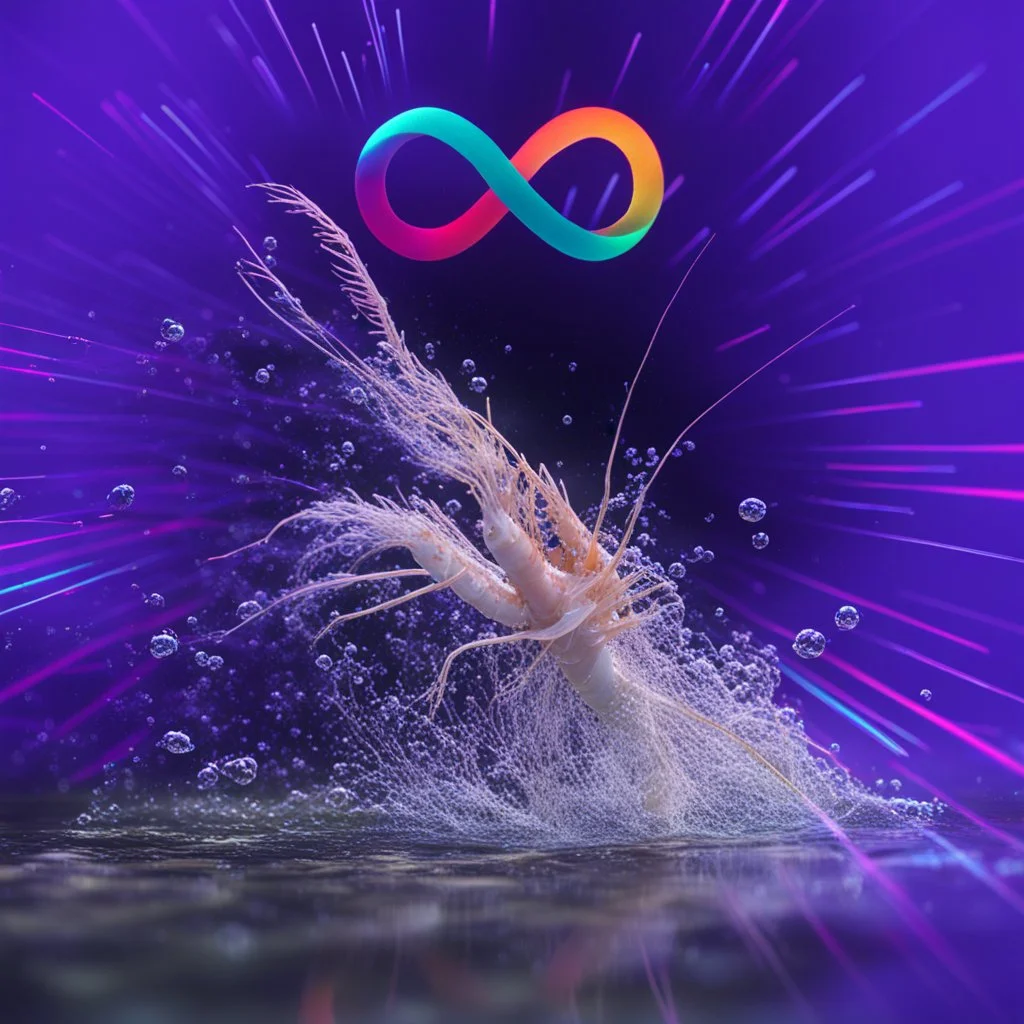infinity symbol ∞ with vibrant powerful shrimp coming out of the water, striking, neon, chiaroscuro, dramatic, captivating, powerful, fantasy, beautiful, octane render, 16k post-production, artstation: award-winning: atmospheric: commanding: fantastical: clarity: ultra quality: striking: brilliance: stunning colors: amazing depth; lens: f/11, 35mm